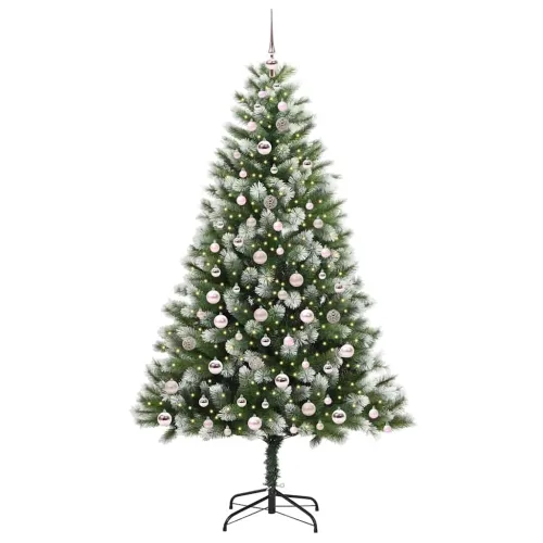 Umjetno Božićno drvce s pokrivačem snijega 300 LED lampica - 210 cm s LED-ima i ružičastim kuglicama Cijena