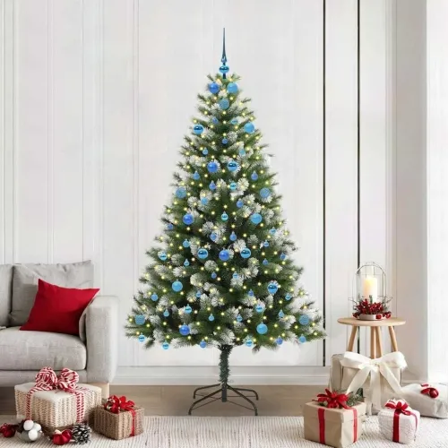 Umjetno Božićno drvce s pokrivačem snijega 300 LED lampica - 210 cm s LED-ima i plavim kuglicama Cijena