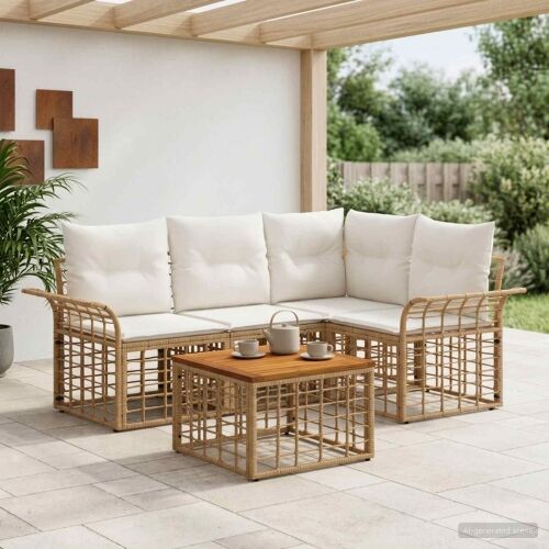 Set vanjskih sofa 5 kom. Prirodna i krema bijela Poliester - Prirodna i kremasto bijela sa stolom Cijena
