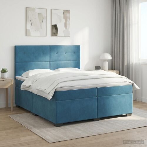 Boxspring krevet s madracem Plava 200 x 200 cm Baršun - Plava 200 x 200 cm Prošiveno gumbima Cijena