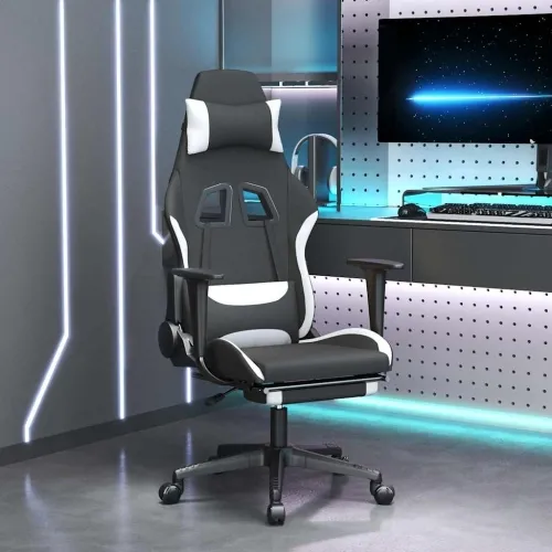 Masažna Gaming stolica od tkanine s osloncem crno-bijela - Bijela Sa naslonom za noge Cijena