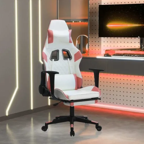 Masažna Gaming stolica s osloncem bijelo-ružičasta umjetna koža - Bijela i ružičasta Sa naslonom za noge Cijena