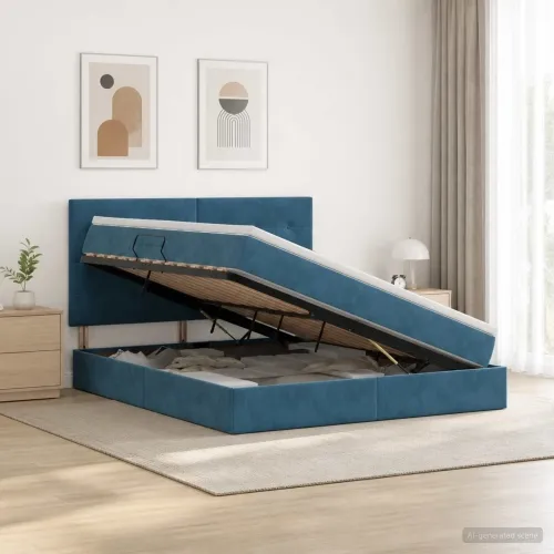 Krevet s madracem i skladištem Tamno plava 160 x 200 cm Baršun - Tamno plava 160 x 200 cm Prošiveno gumbima Cijena