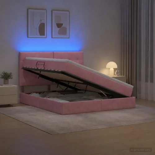 LED krevet za pohranu s madracem Ružičasta 160 x 200 cm Baršun - Ružičasta 160 x 200 cm Prošiveno gumbima Cijena